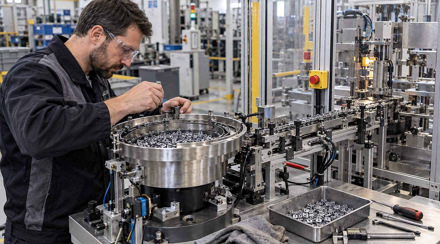 A technician tuning and retooling an installed bowl feeder beside the working assembly line, with component track and controls visible.