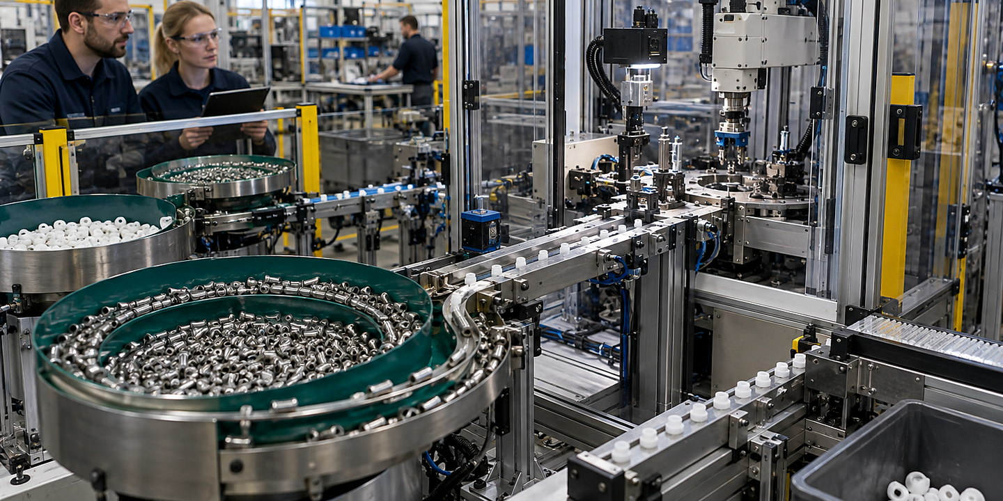 A technician tuning and retooling an installed bowl feeder beside the working assembly line, with component track and controls visible.