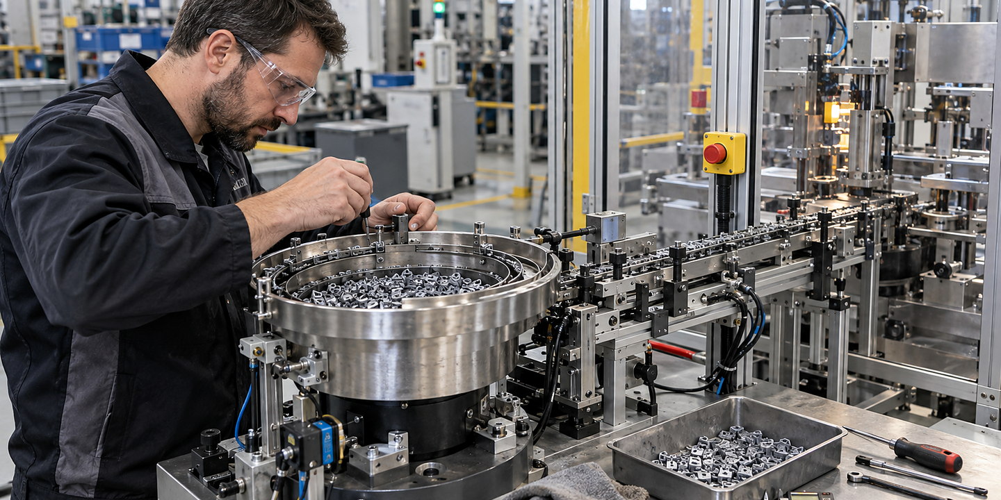 A technician tuning and retooling an installed bowl feeder beside the working assembly line, with component track and controls visible.